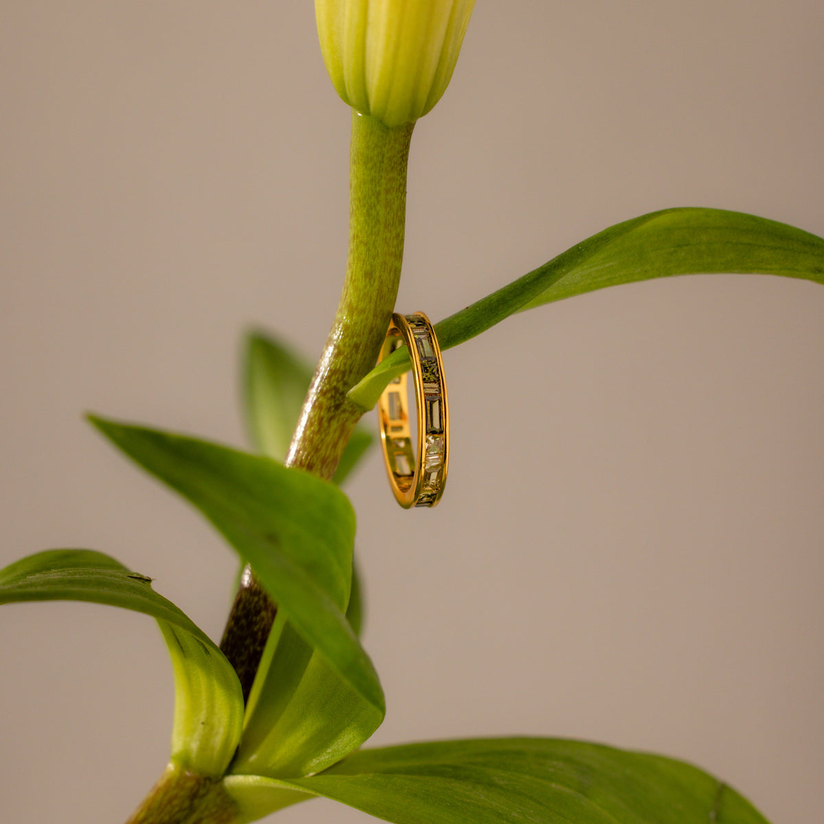 Peridot inlay eternity ring