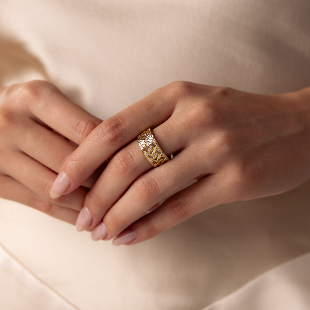Mosaic diamond baguette ring