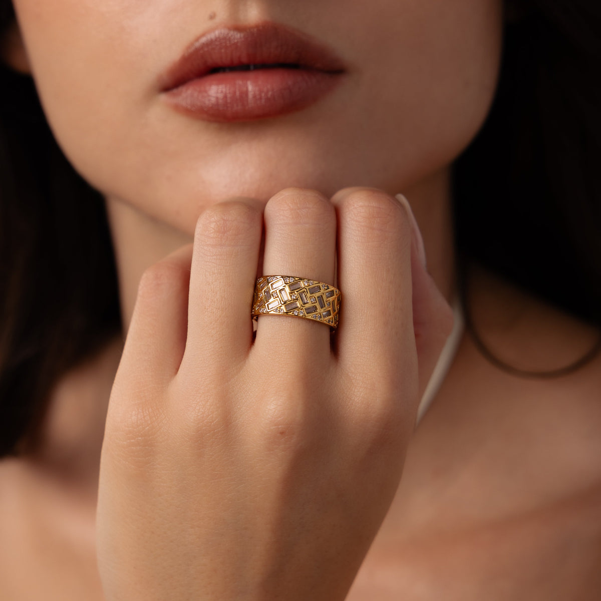 Mosaic diamond baguette ring