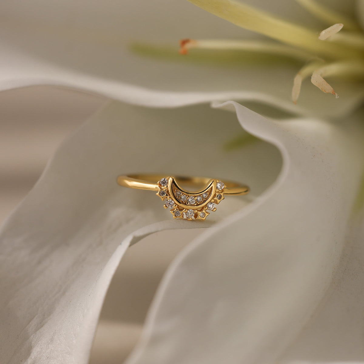 Diamond crescent moon ring