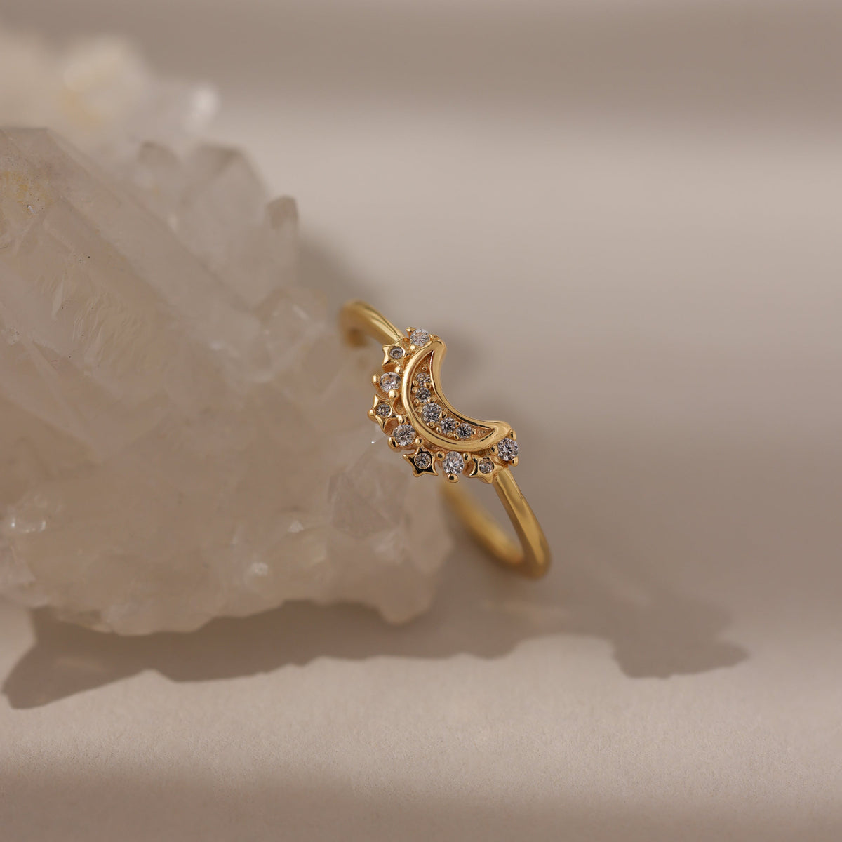 Diamond crescent moon ring
