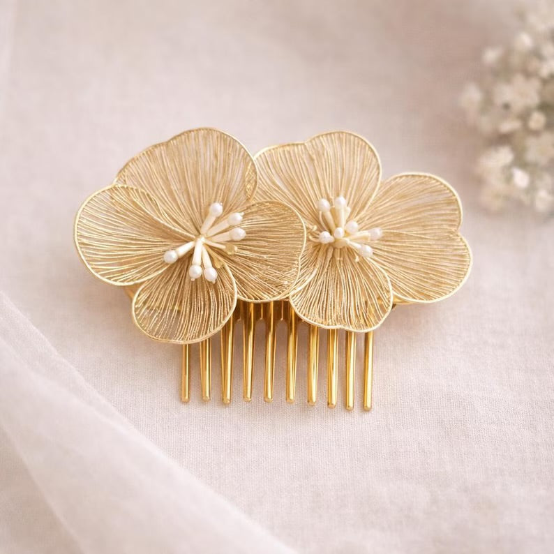 Gold Flower Hair Comb with white pearl details