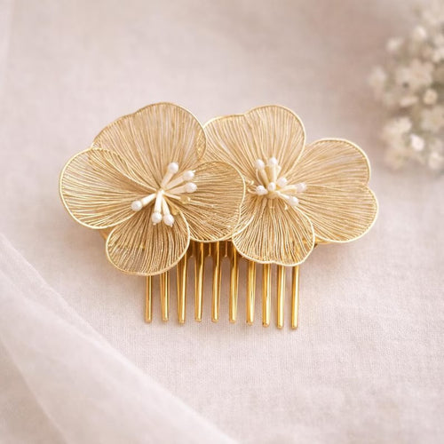 Gold Flower Hair Comb with white pearl details