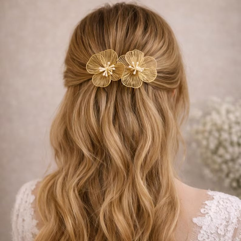 Gold Flower Hair Comb styled in long hair