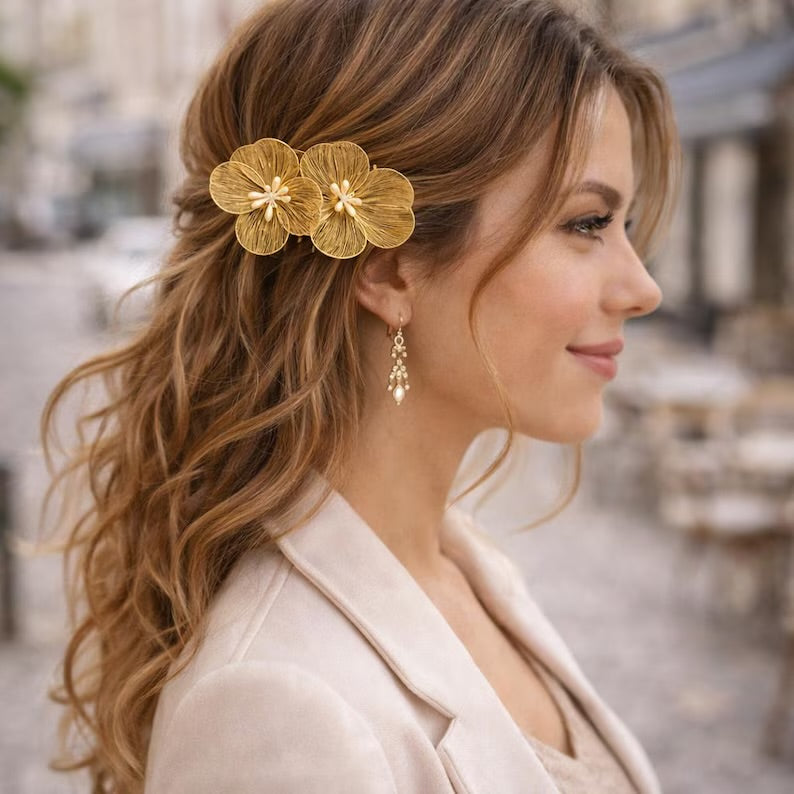 Gold Flower Hair Comb worn at the side of a hairstyle