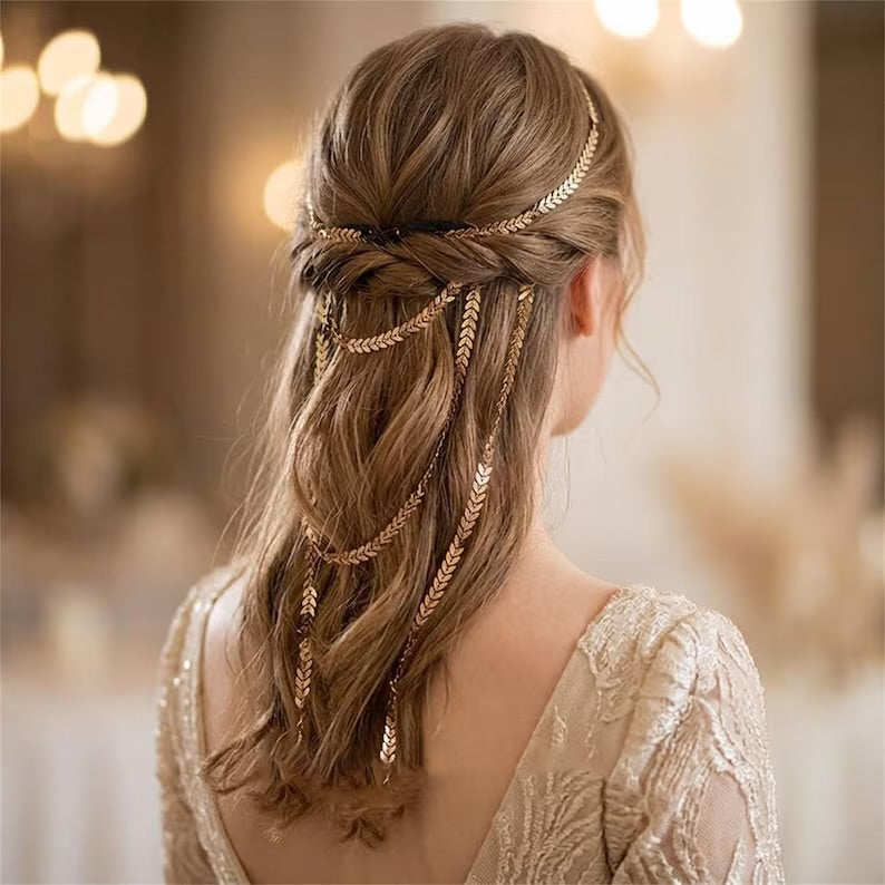 Gold leaf hair vine styled in loose hair