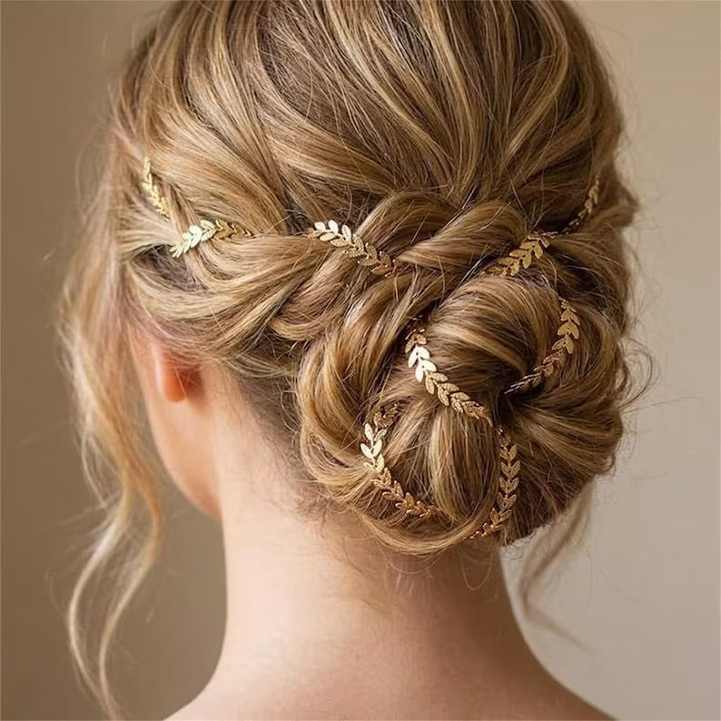 Gold leaf hair vine styled in an updo