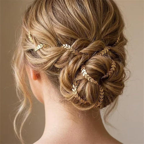 Gold leaf hair vine styled in an updo