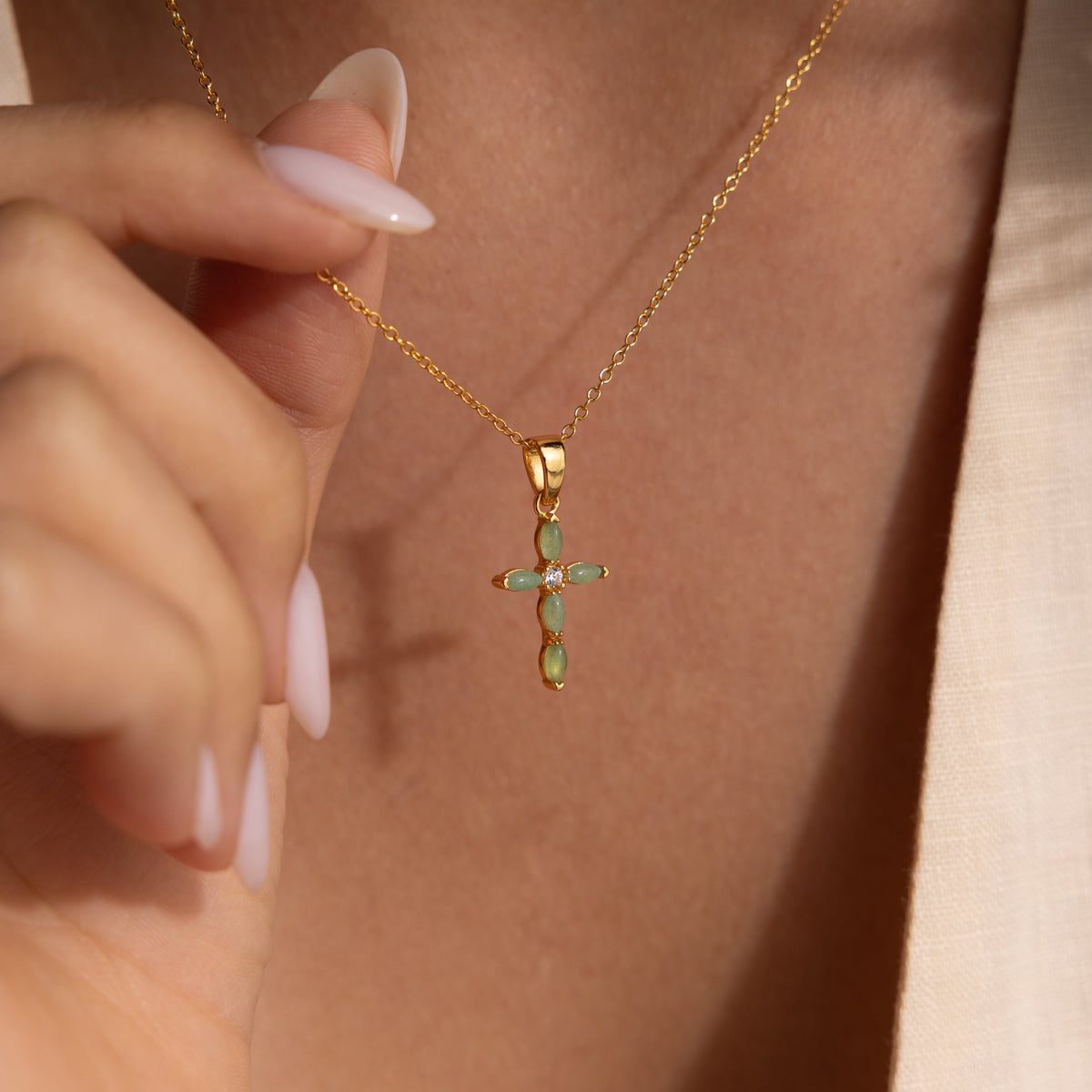 Marquise jade cross necklace