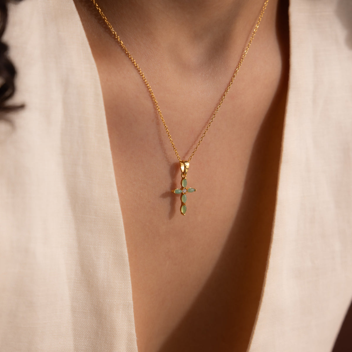 Marquise jade cross necklace