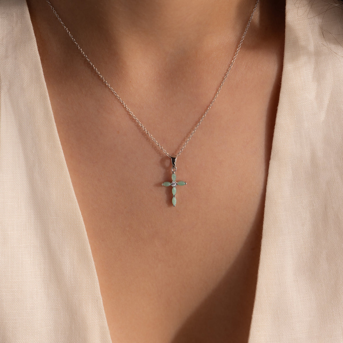 Marquise jade cross necklace