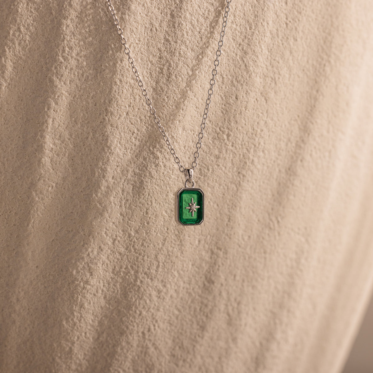 North star birthstone necklace — Silver, emerald / may