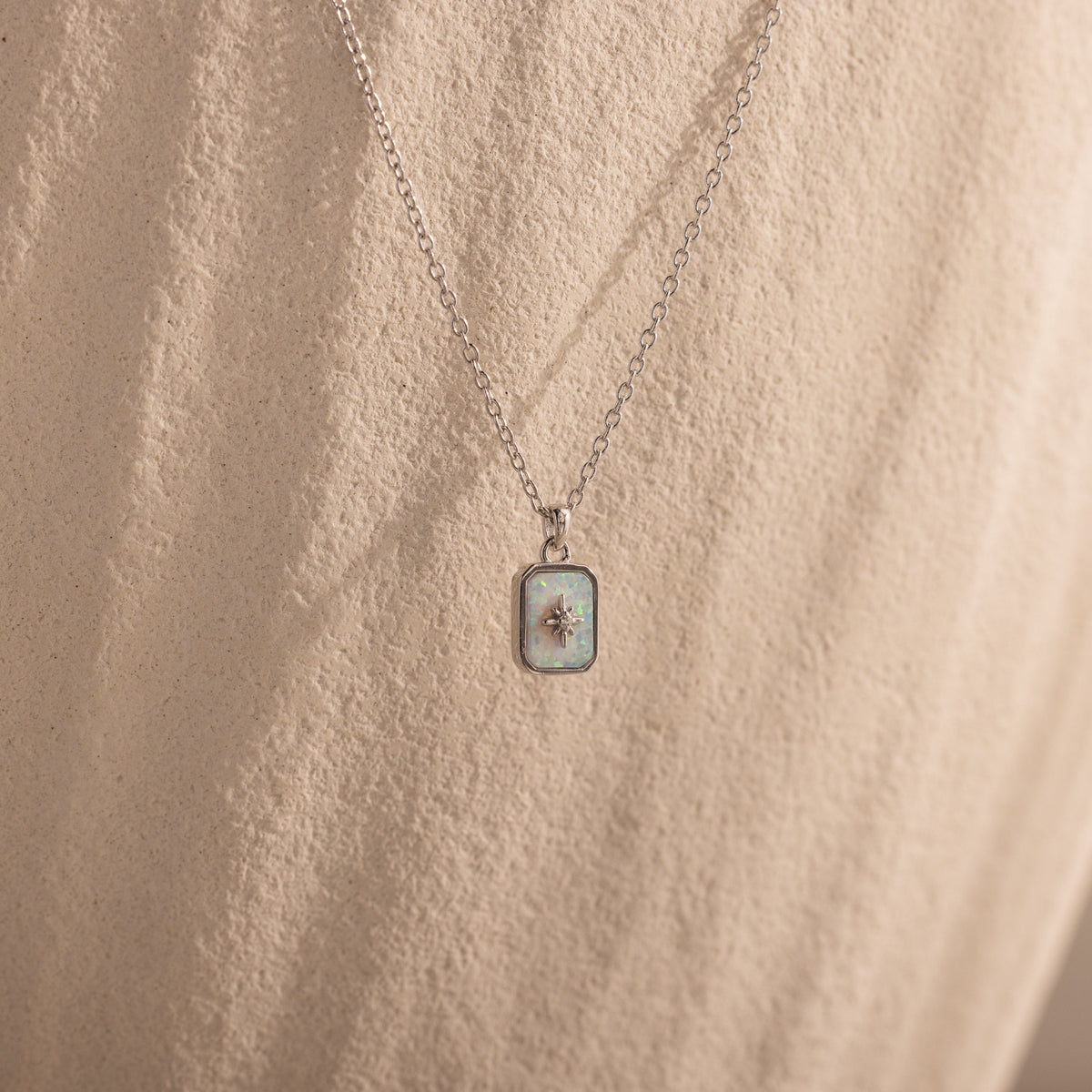 North star birthstone necklace — Silver, opal / october