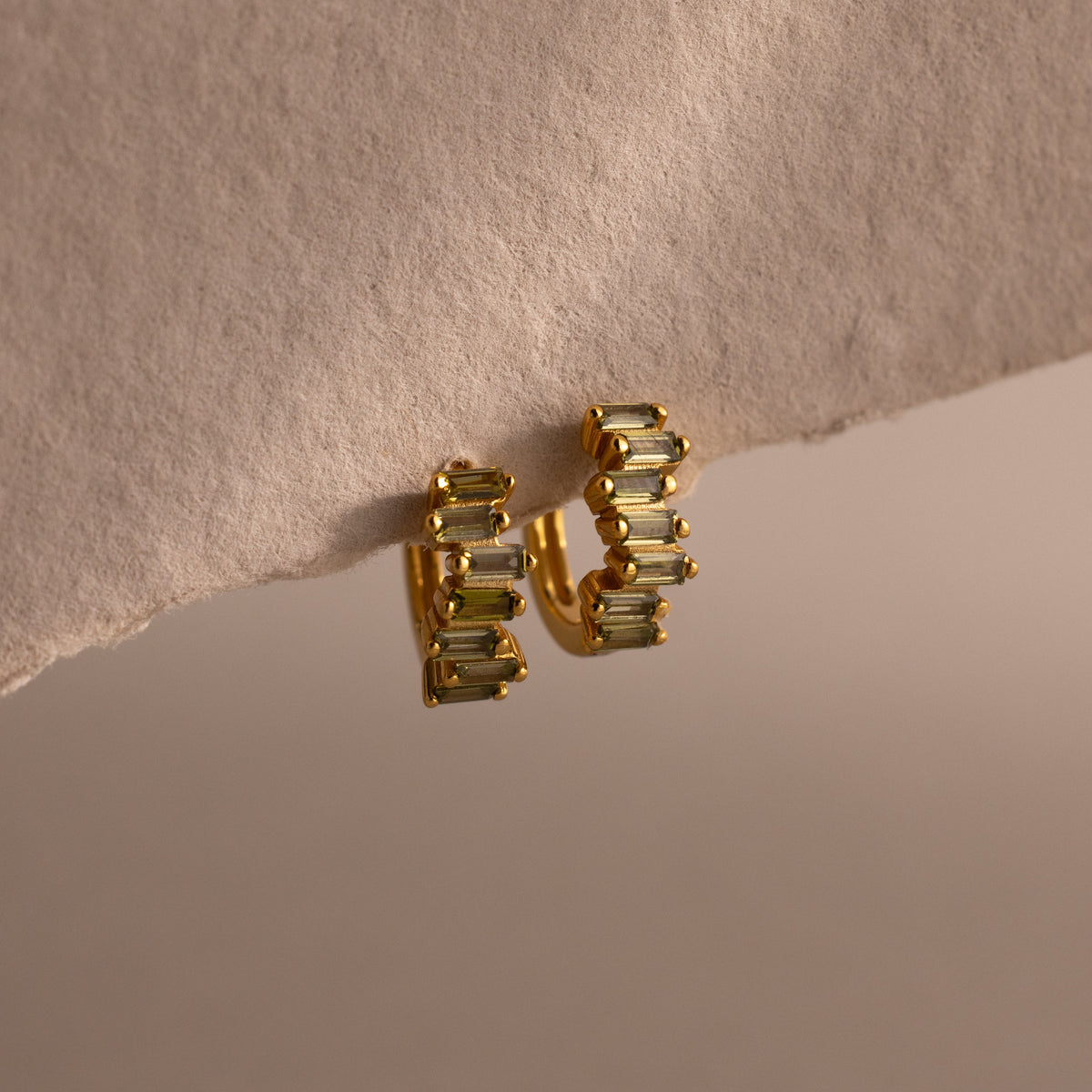 Staggered baguette birthstone huggies