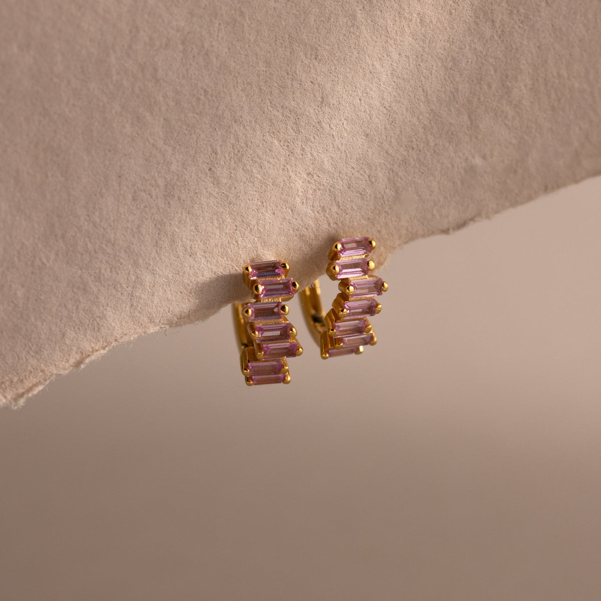 Staggered baguette birthstone huggies
