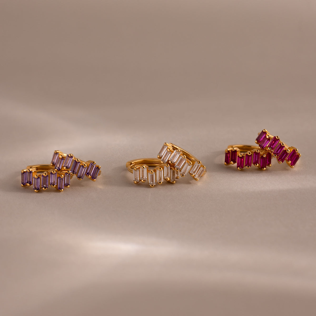 Staggered baguette birthstone huggies