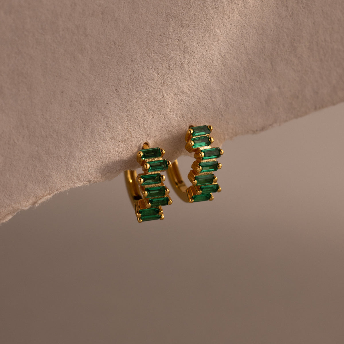 Staggered baguette birthstone huggies