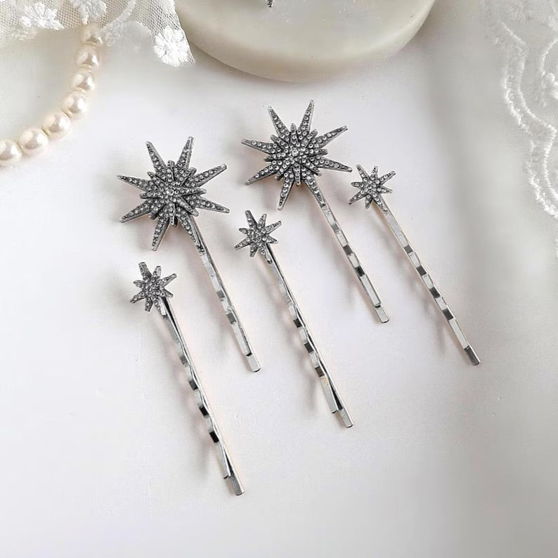 Silver Star Hair Pins with rhinestones