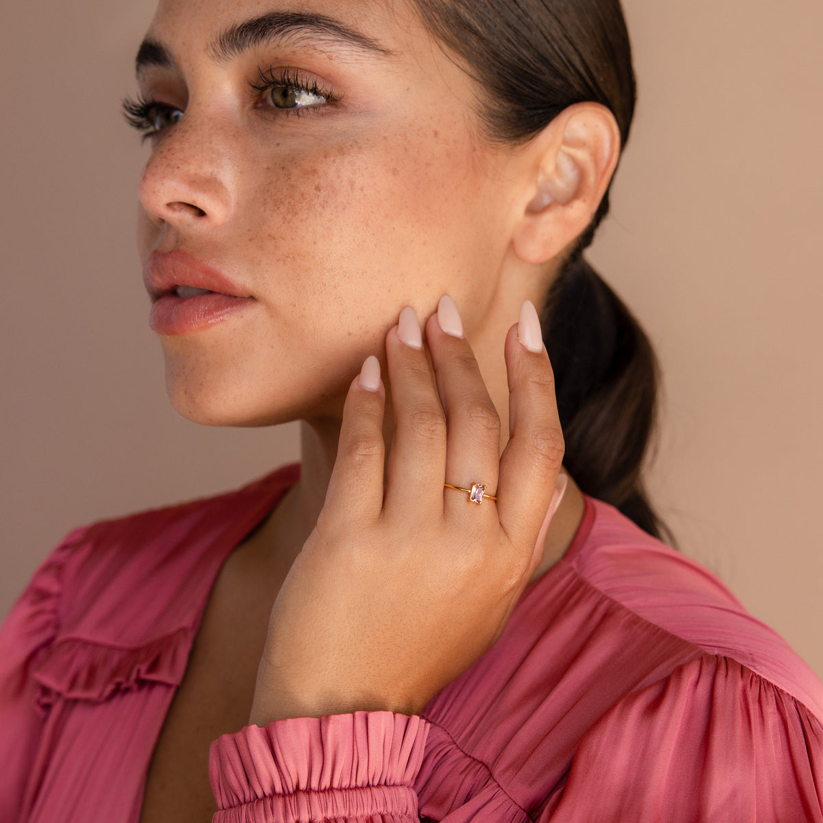 Blush pink emerald-cut ring