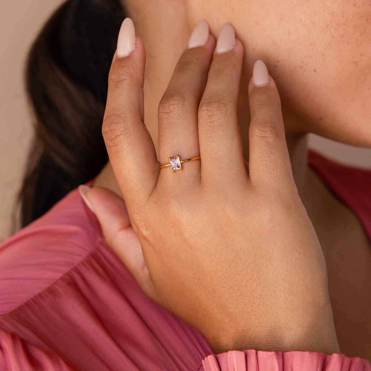 Blush pink emerald-cut ring