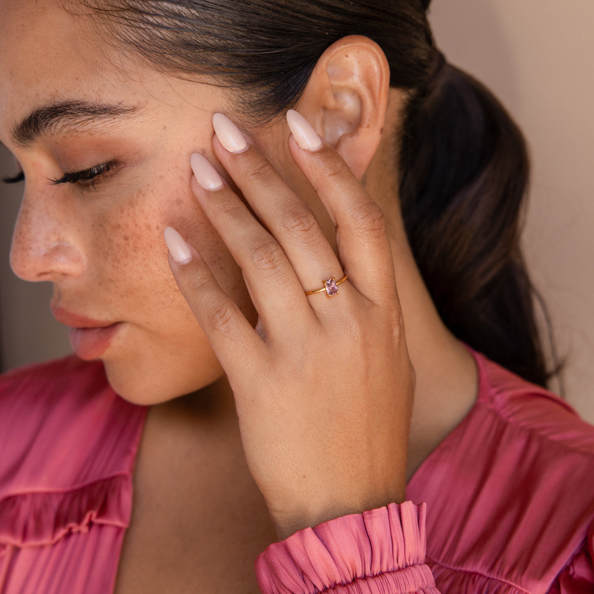 Blush pink emerald-cut ring