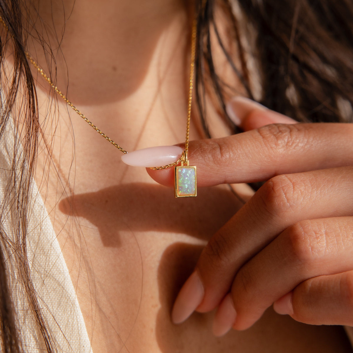 White opal rectangle necklace