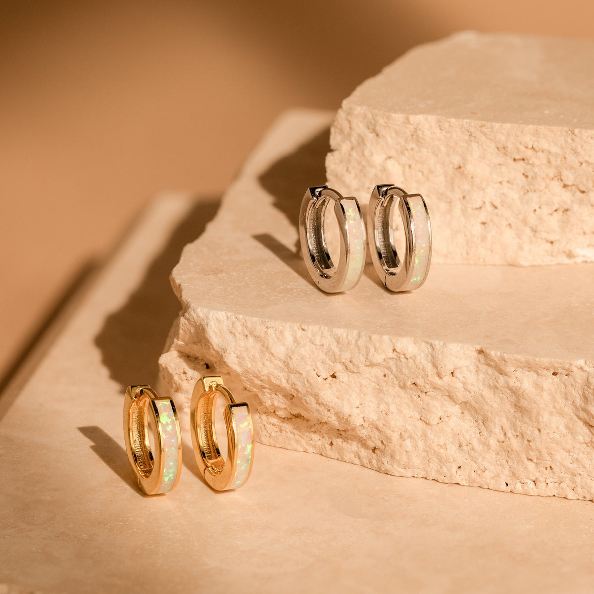 White opal inlay huggies