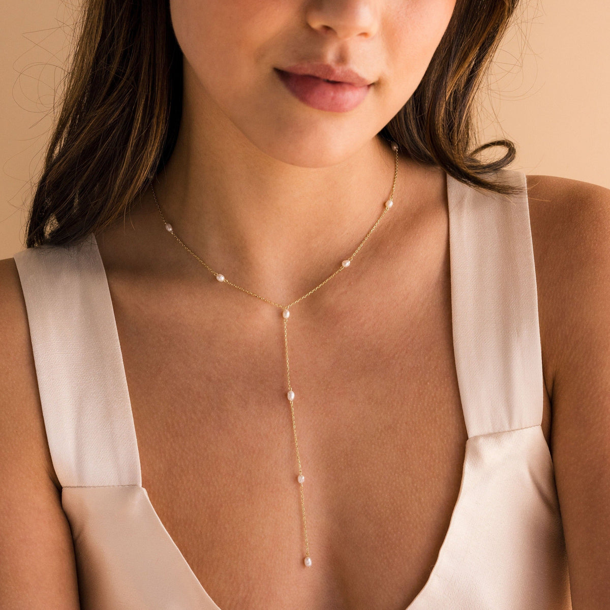 Pearl station lariat necklace