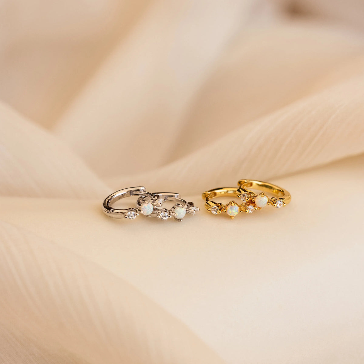 Dainty opal diamond huggies