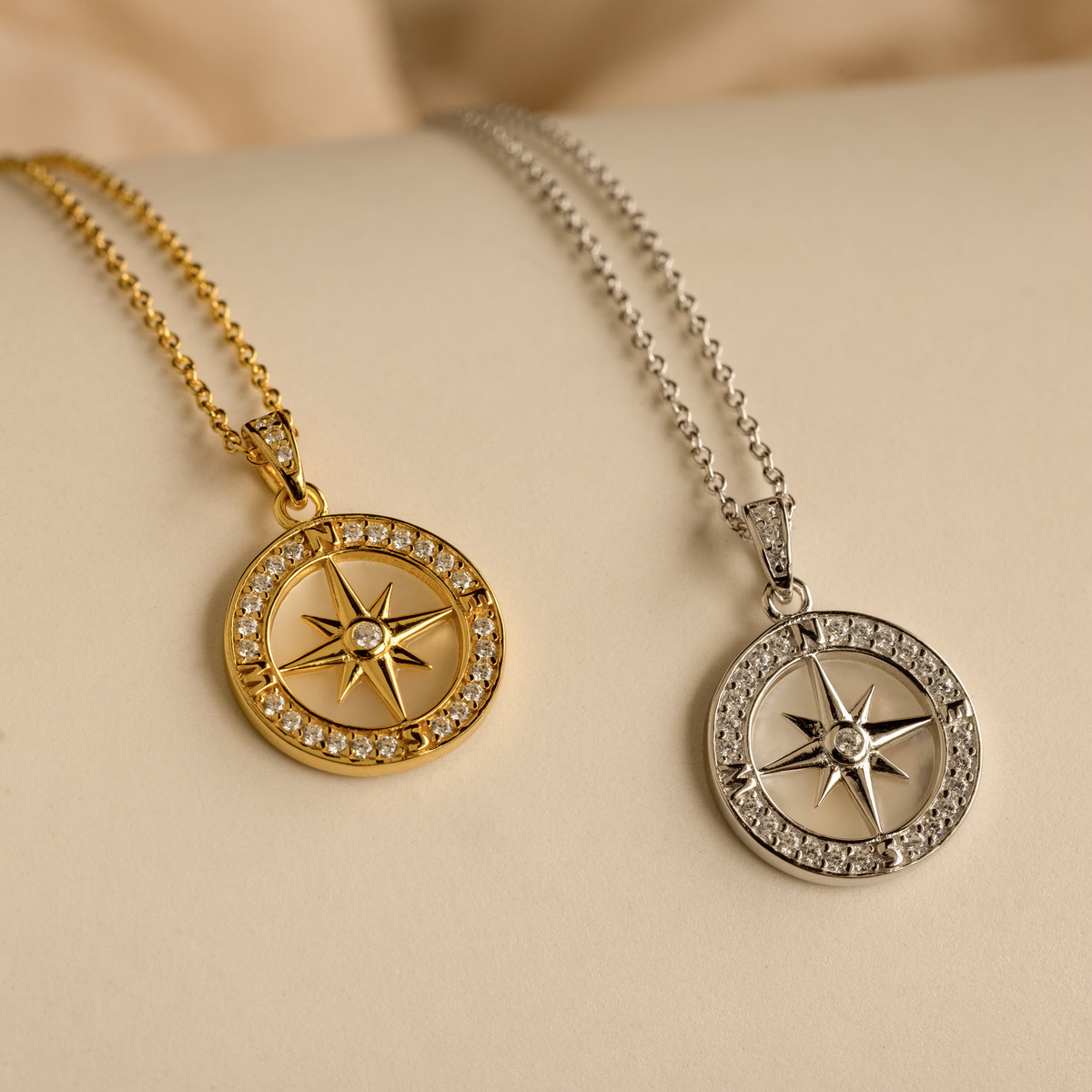Pave pearl compass necklace
