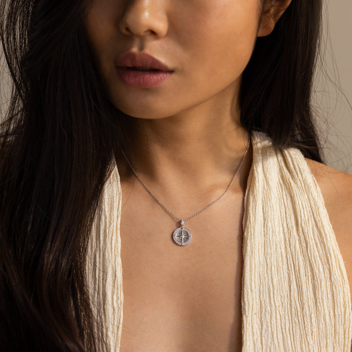 Pave pearl compass necklace