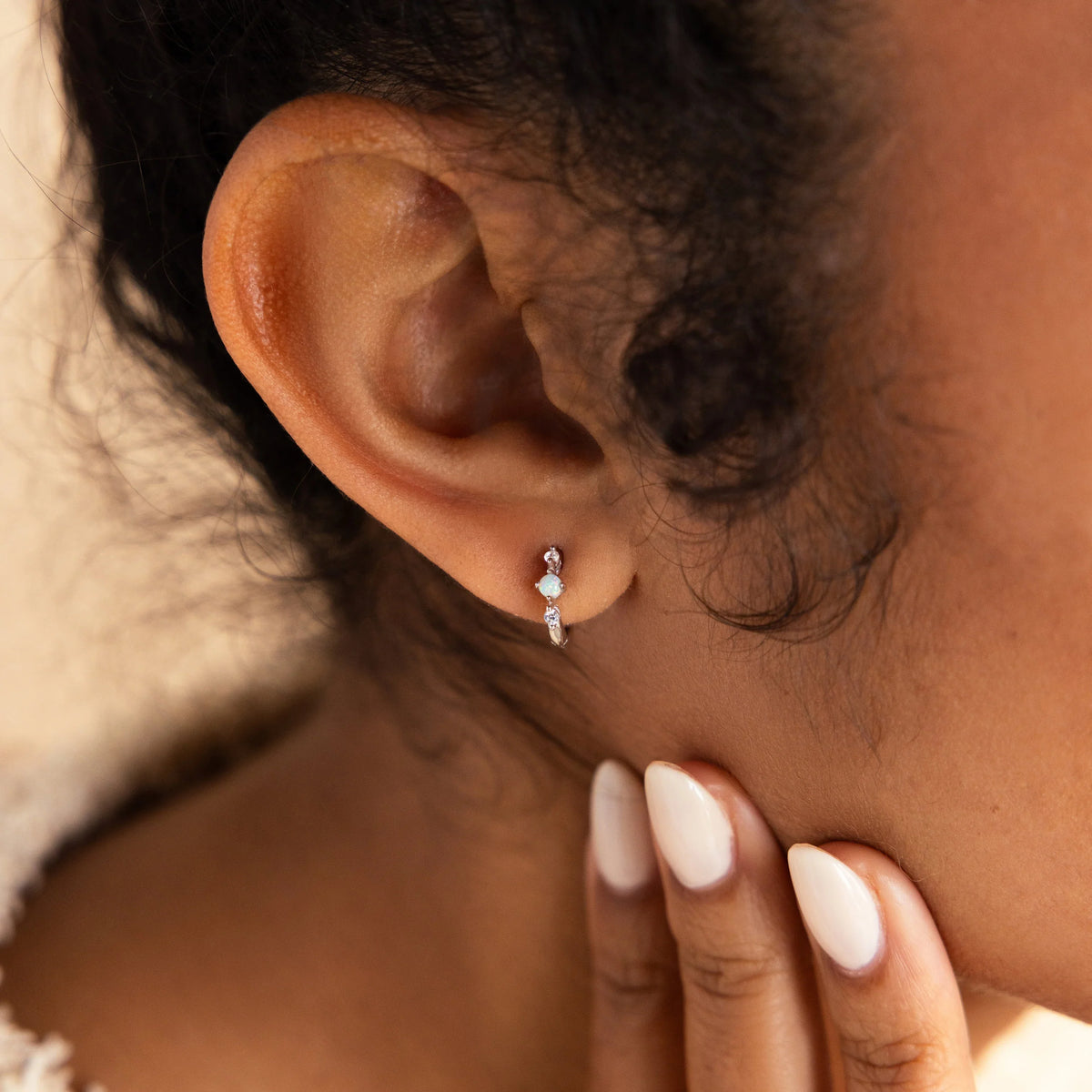 Dainty opal diamond huggies