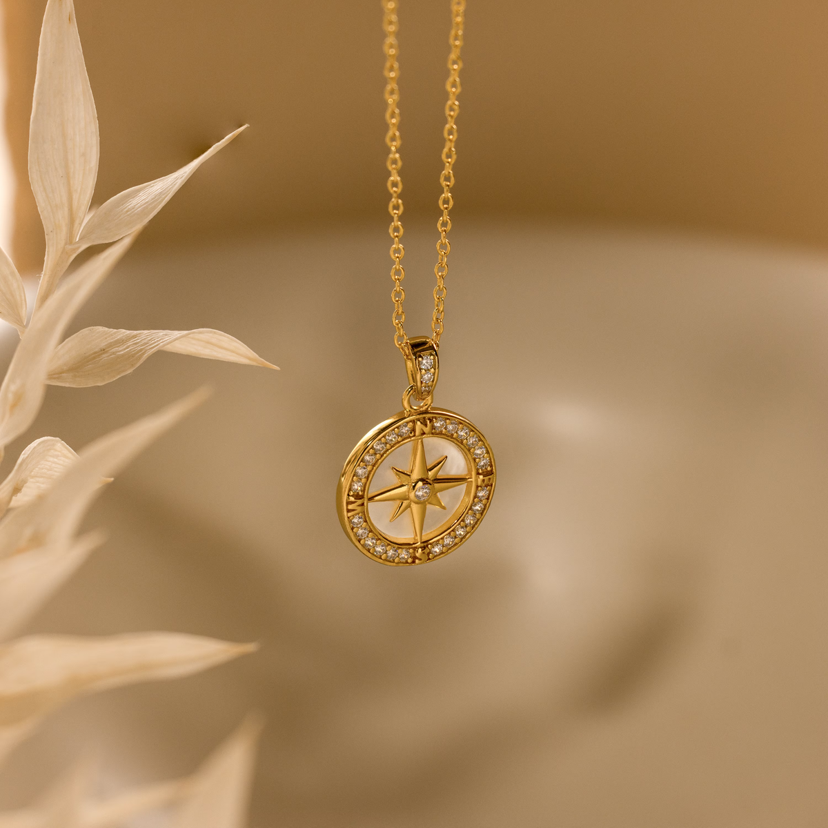 Pave pearl compass necklace