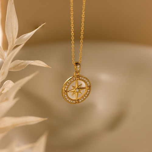Pave pearl compass necklace