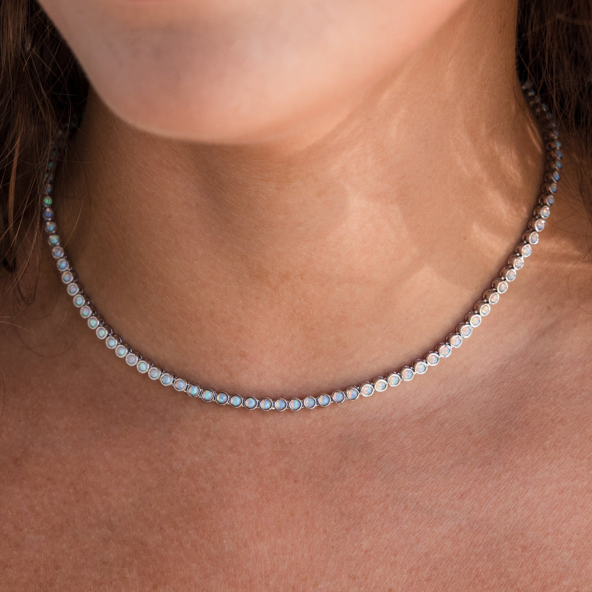 Opal bezel tennis necklace