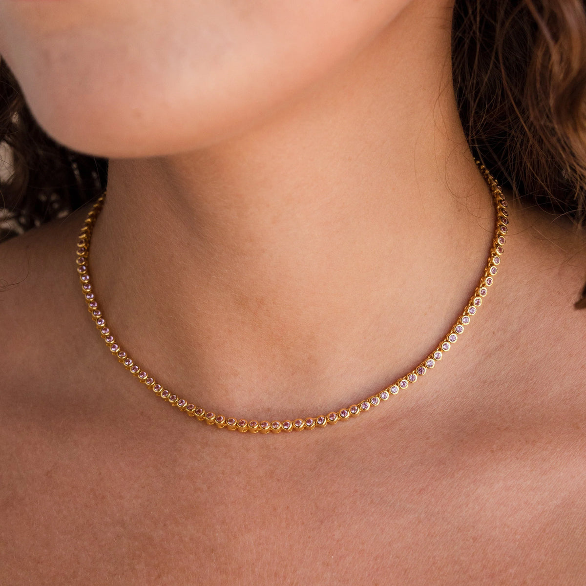 Pink bezel tennis necklace
