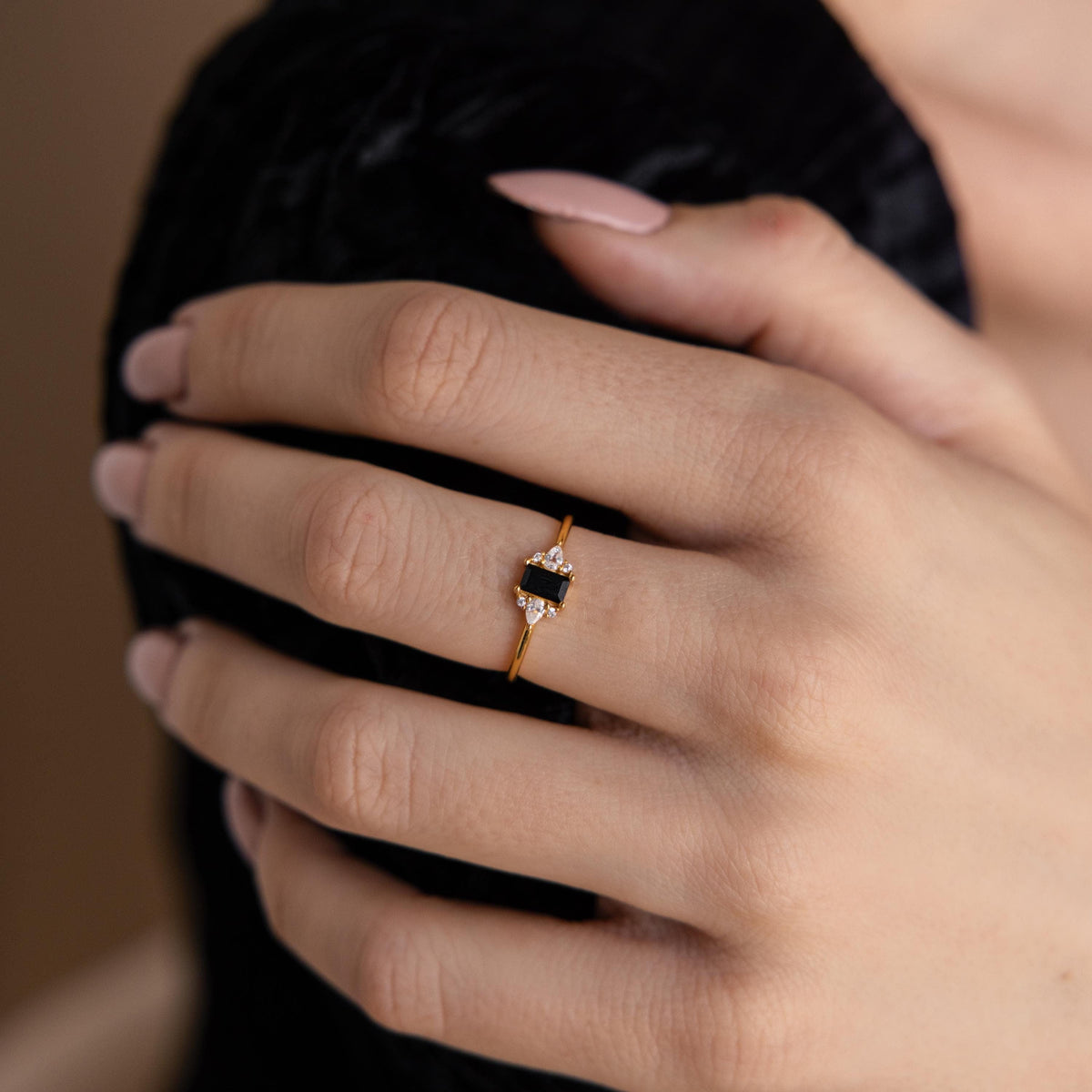Black baguette diamond ring