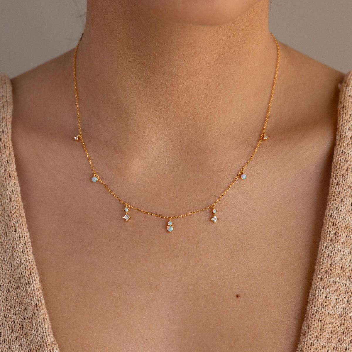 Opal diamond station necklace