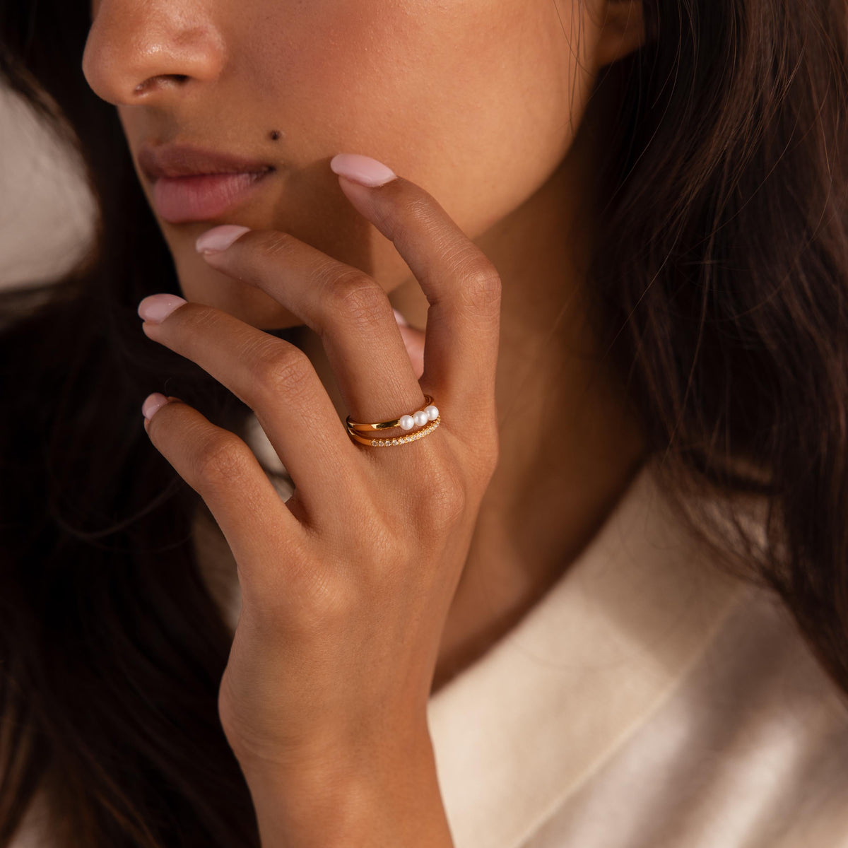 Duo pave pearl ring