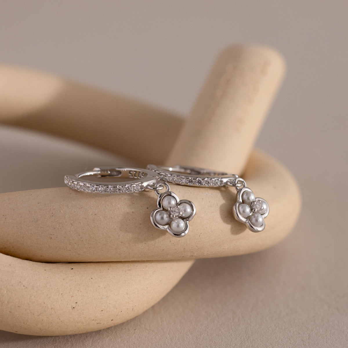 Pave rounded pearl flower hoops 3