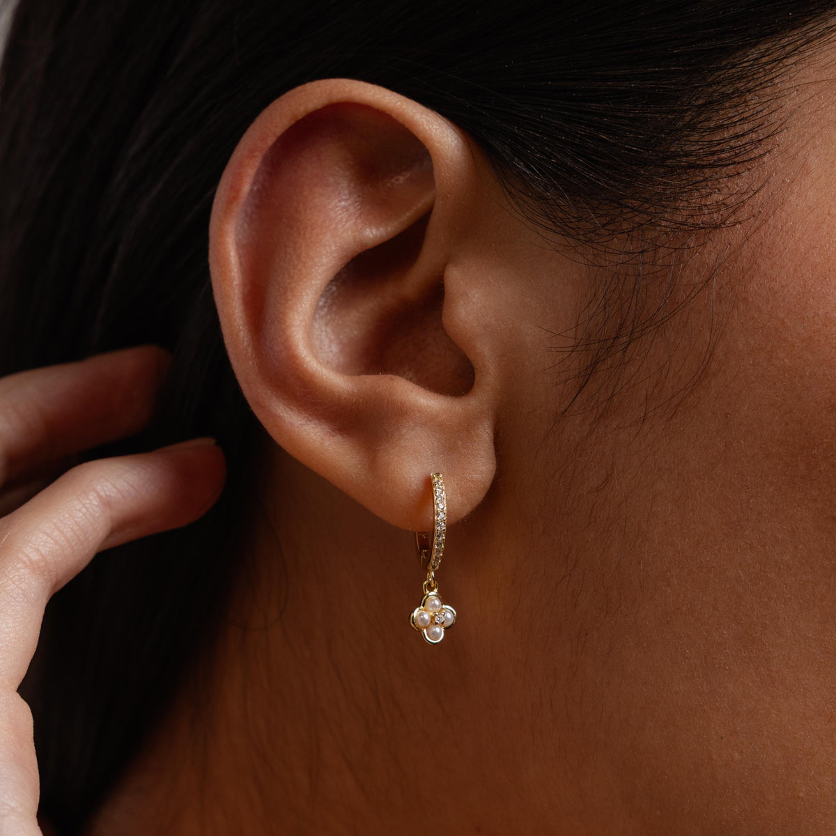 Pave rounded pearl flower hoops 2