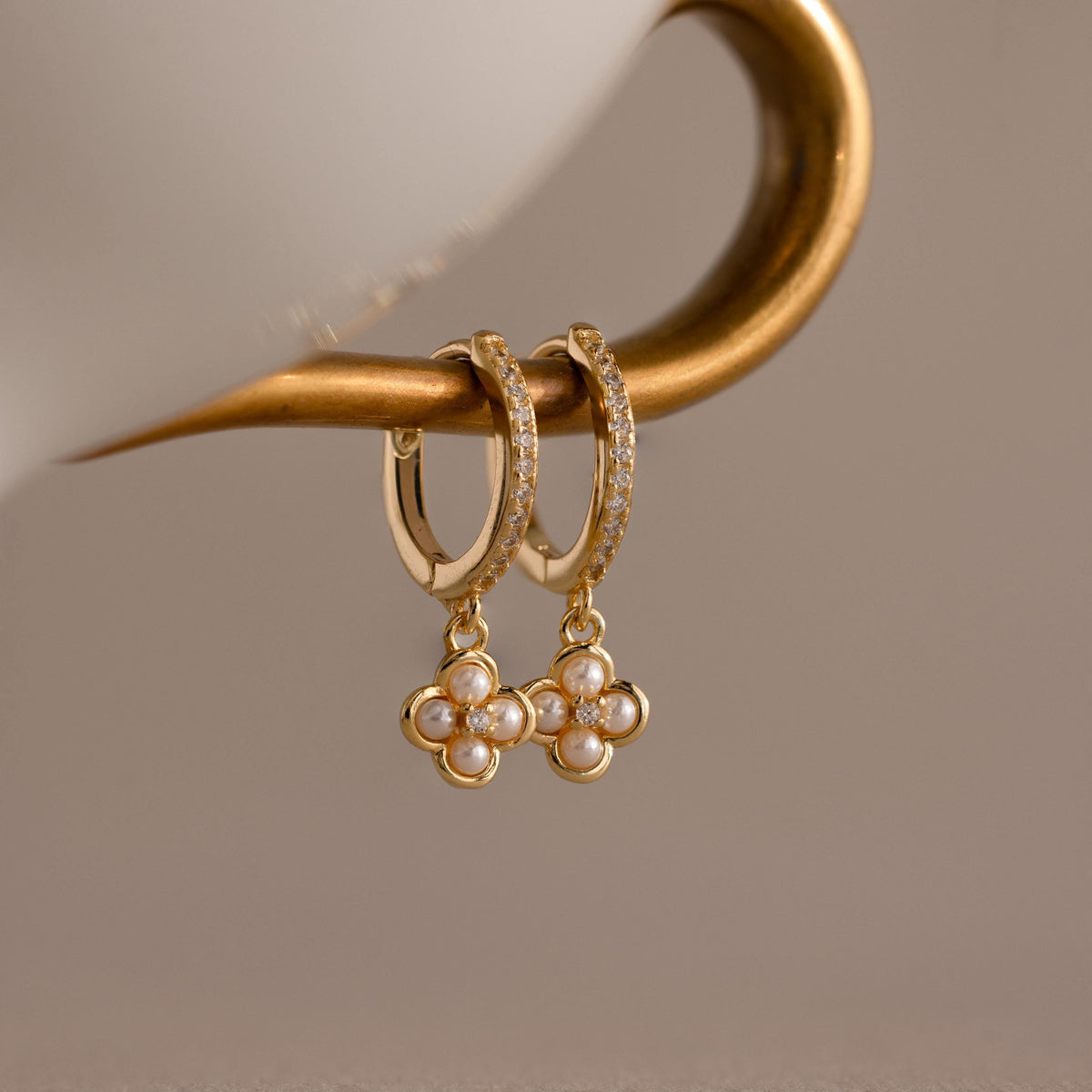 Pave rounded pearl flower hoops 1