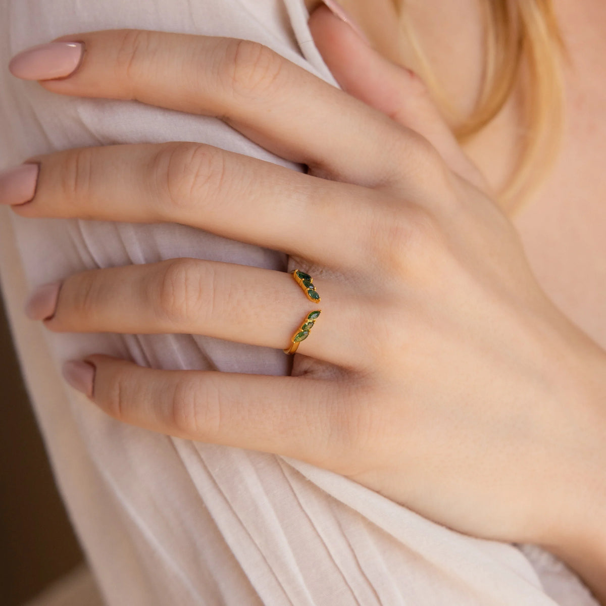 Open moss agate chevron ring