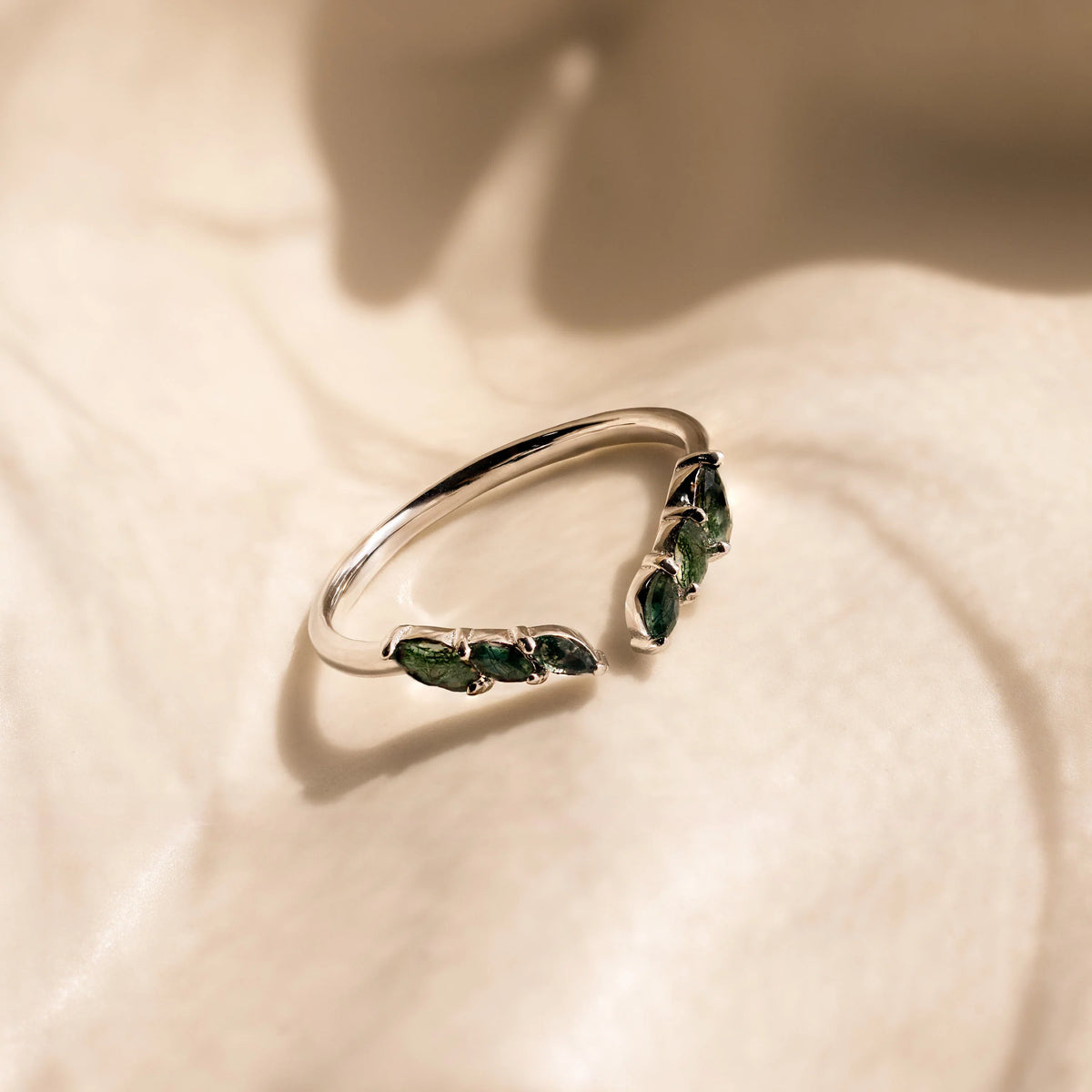 Open moss agate chevron ring