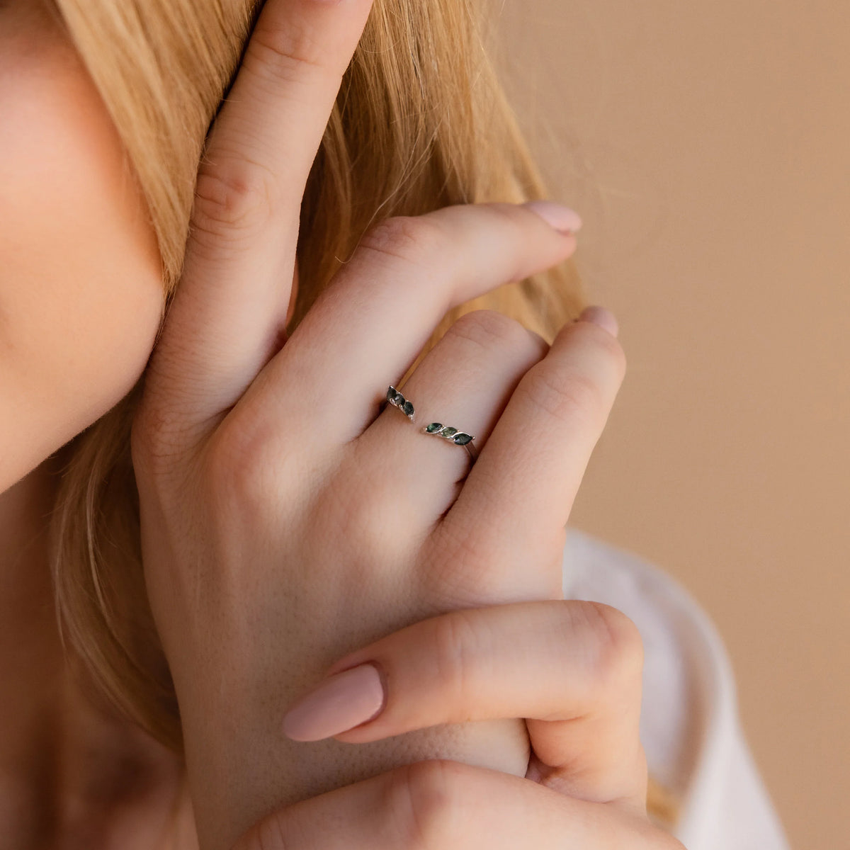 Open moss agate chevron ring